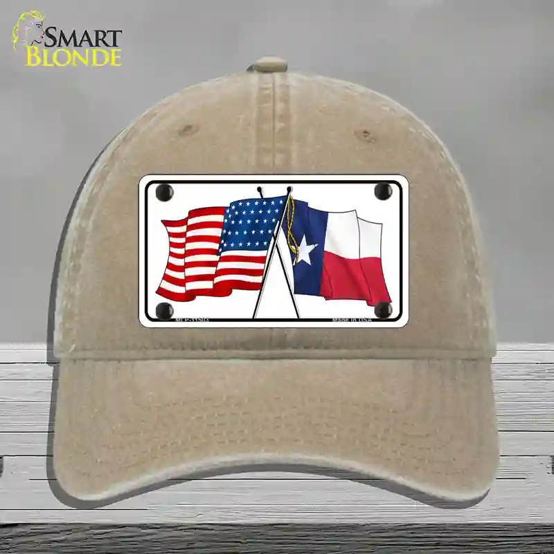 HAT09-MLP-11503 Texas Crossed US Flag Novelty License Plate Hat, Unconstructed Cotton - Khaki