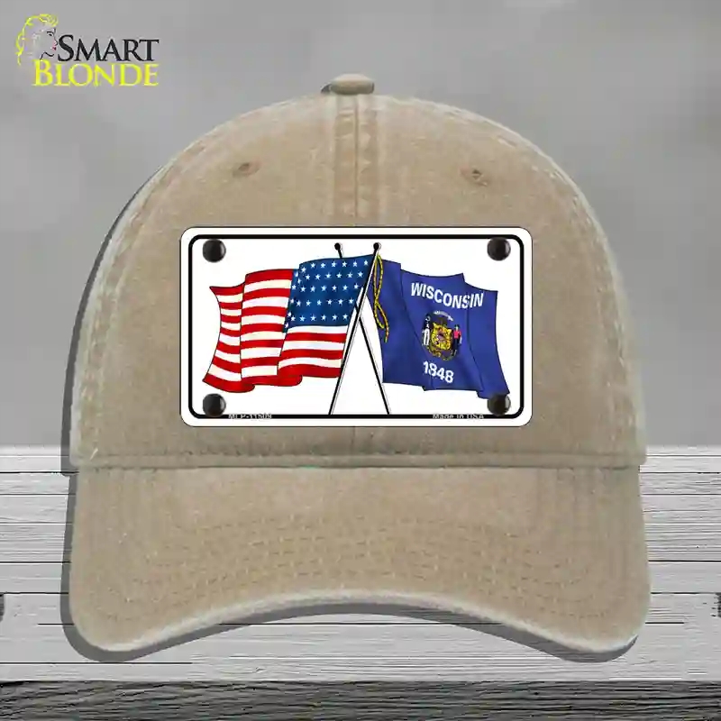HAT09-MLP-11509 Wisconsin Crossed US Flag Novelty License Plate Hat, Unconstructed Cotton - Khaki