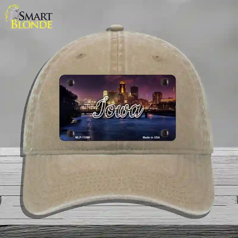 HAT09-MLP-11599 Iowa Bridge City Lights State Novelty License Plate Hat, Unconstructed Cotton - Khaki