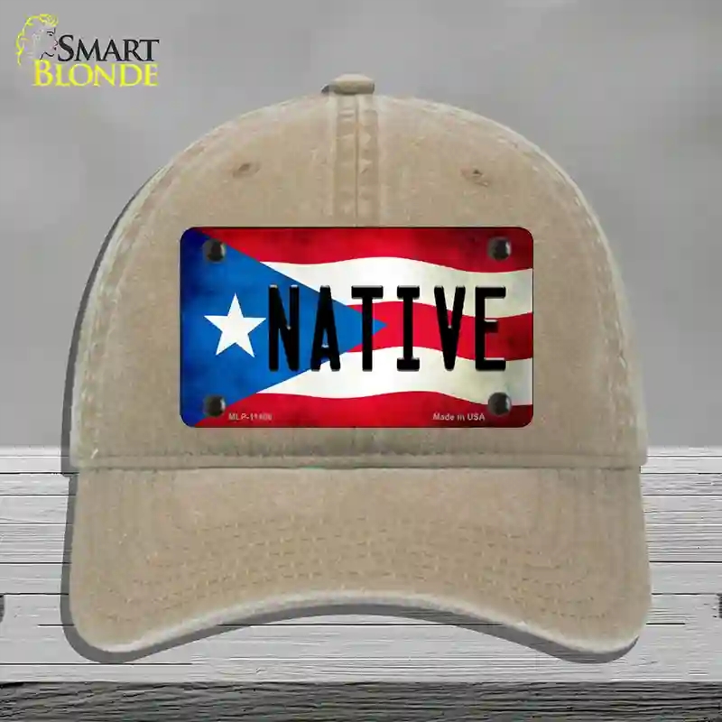 HAT09-MLP-11408 Native Puerto Rico Flag Novelty License Plate Hat, Unconstructed Cotton - Khaki