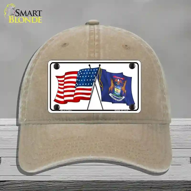HAT09-MLP-11482 Michigan Crossed US Flag Novelty License Plate Hat, Unconstructed Cotton - Khaki