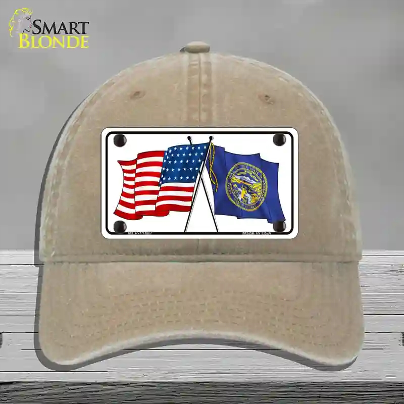 HAT09-MLP-11487 Nebraska Crossed US Flag Novelty License Plate Hat, Unconstructed Cotton - Khaki