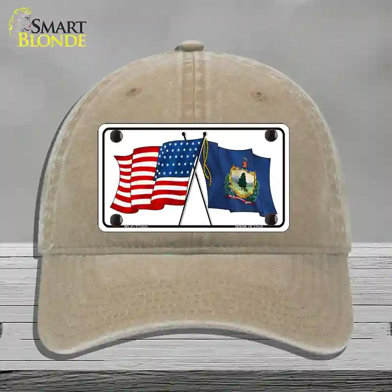 HAT09-MLP-11505 Vermont Crossed US Flag Novelty License Plate Hat, Unconstructed Cotton - Khaki