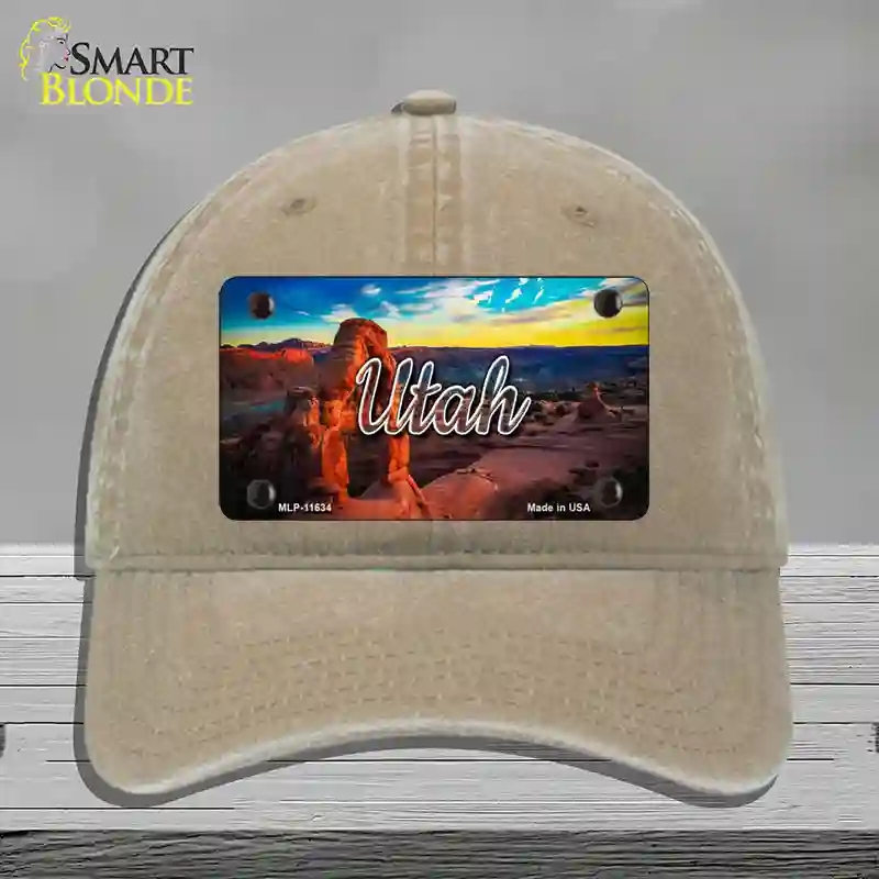 HAT09-MLP-11634 Utah Canyon Arch State Novelty License Plate Hat, Unconstructed Cotton - Khaki