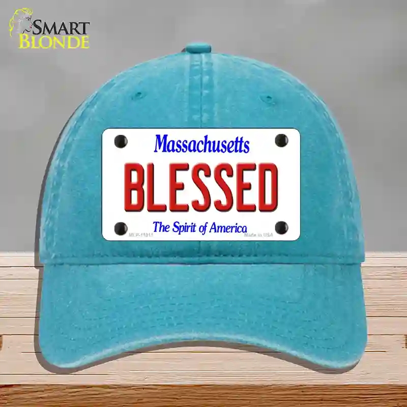 HAT10-MLP-11011 Blessed Massachusetts Novelty License Plate Hat, Unconstructed Cotton - Lake Blue