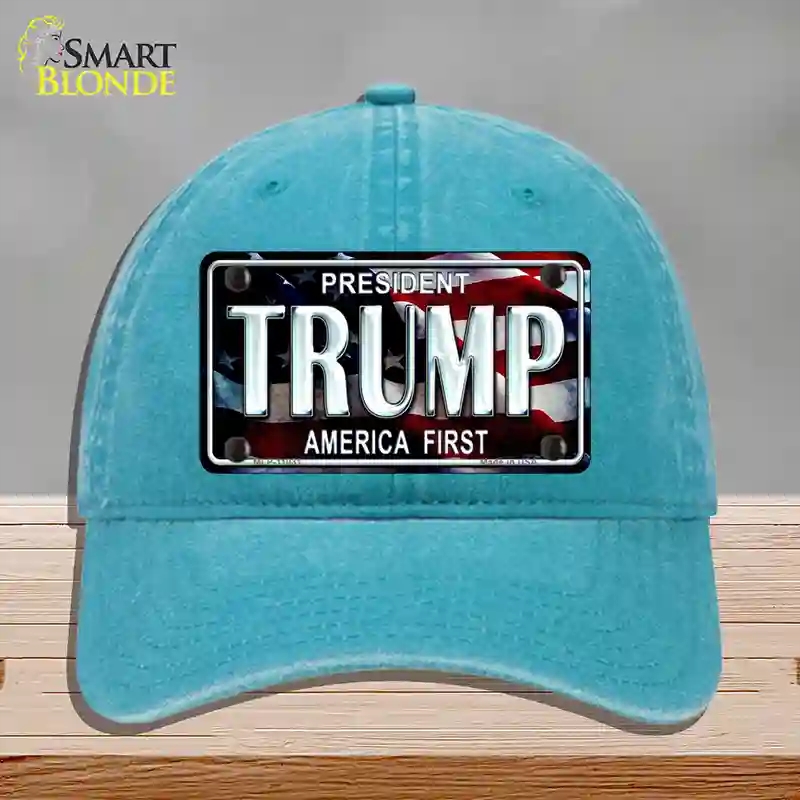HAT10-MLP-11031 Trump America First Novelty License Plate Hat, Unconstructed Cotton - Lake Blue