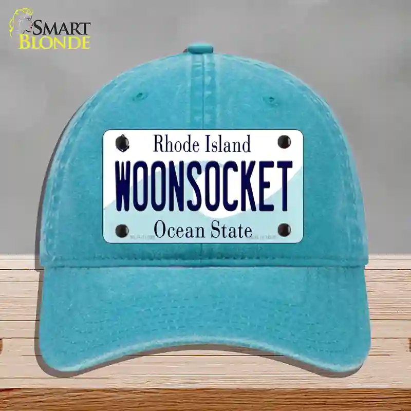HAT10-MLP-11186 Woonsocket Rhode Island State Novelty License Plate Hat, Unconstructed Cotton - Lake Blue