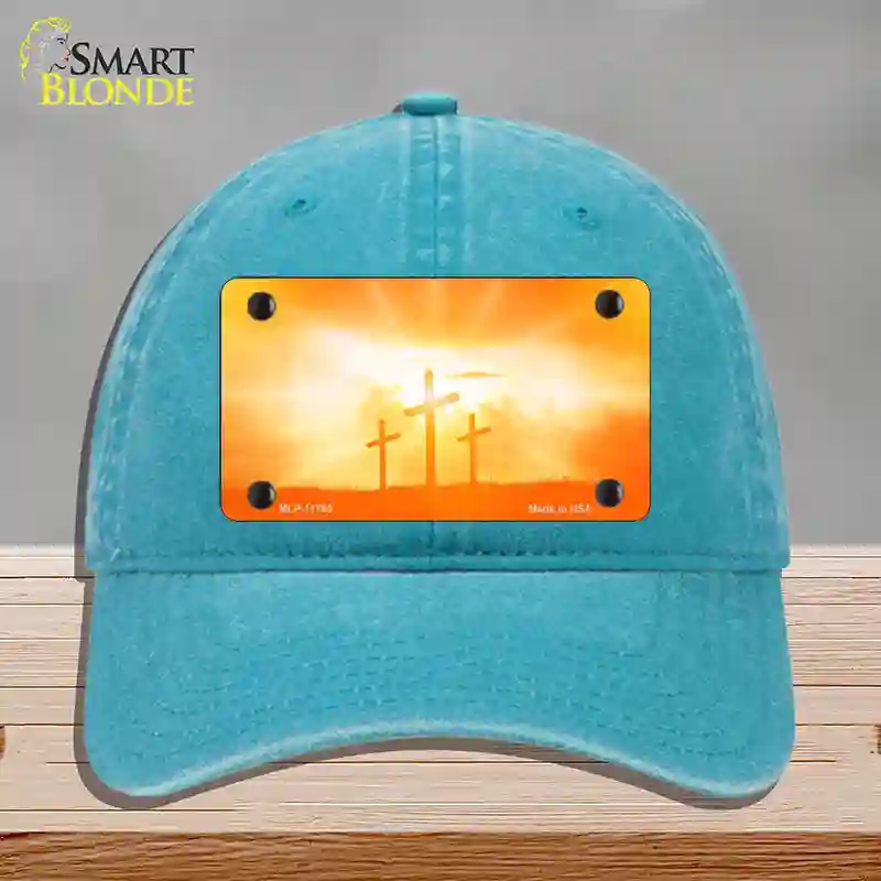 HAT10-MLP-11795 Crosses in the Sun Orange Novelty License Plate Hat, Unconstructed Cotton - Lake Blue