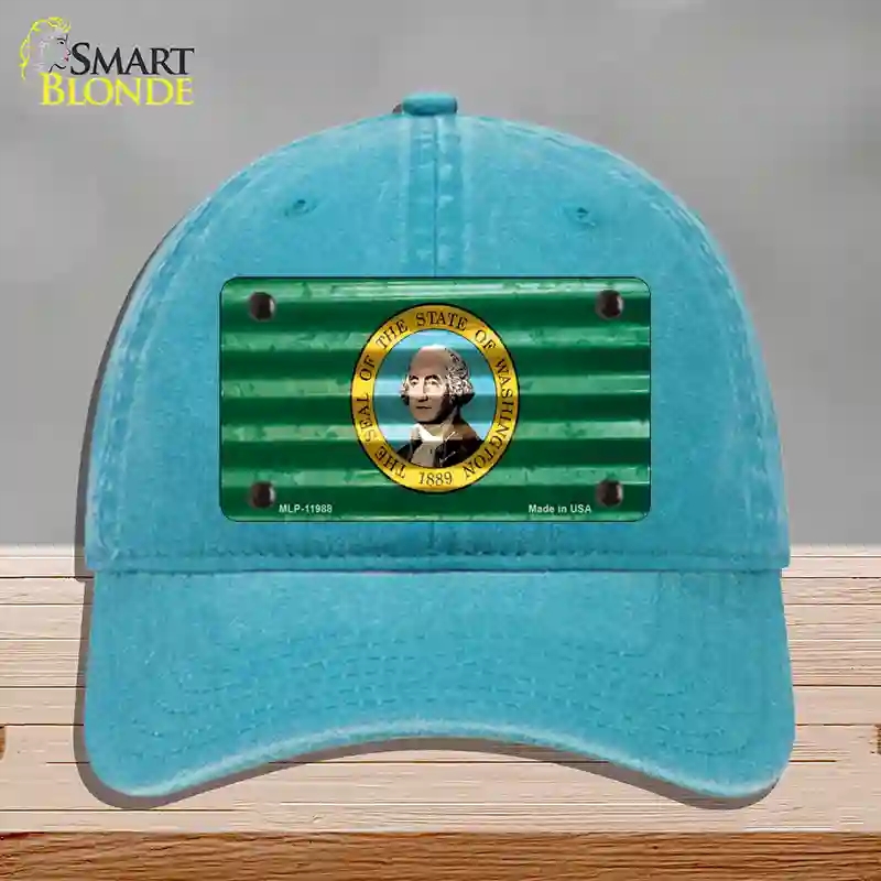 HAT10-MLP-11988 Washington Corrugated Flag Novelty License Plate Hat, Unconstructed Cotton - Lake Blue