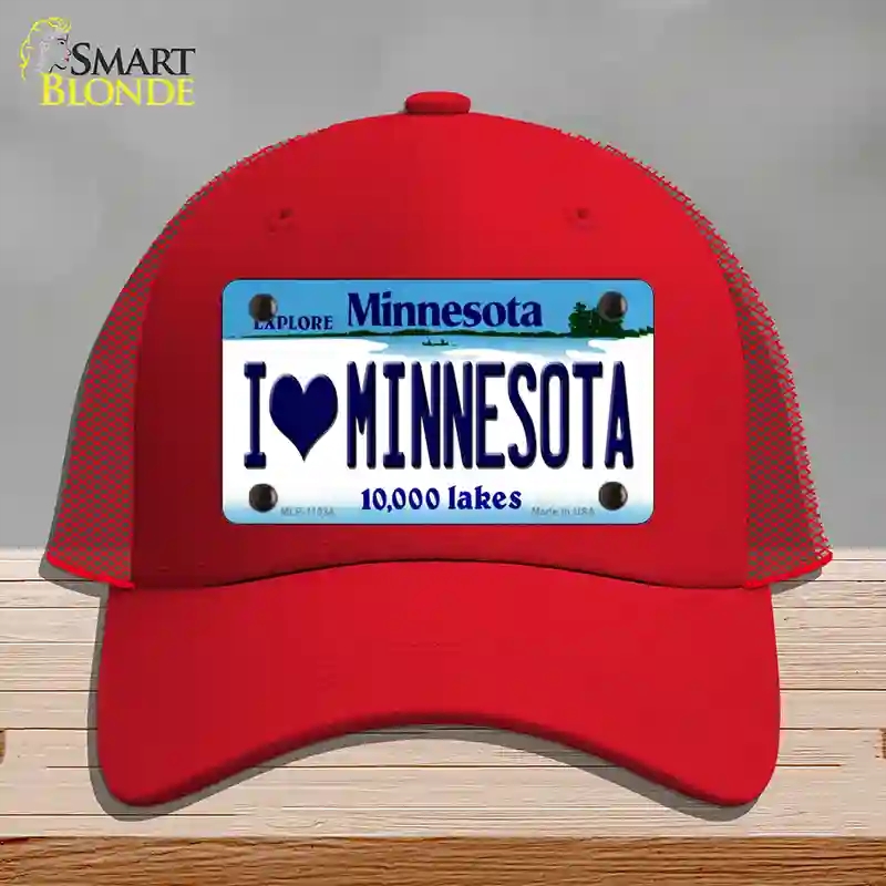 HAT17-MLP-11034 I Love Minnesota Novelty License Plate Hat, Mesh - Red