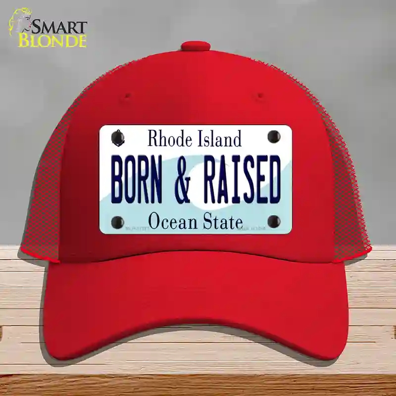 HAT17-MLP-11217 Born & Raised Rhode Island State Novelty License Plate Hat, Mesh - Red