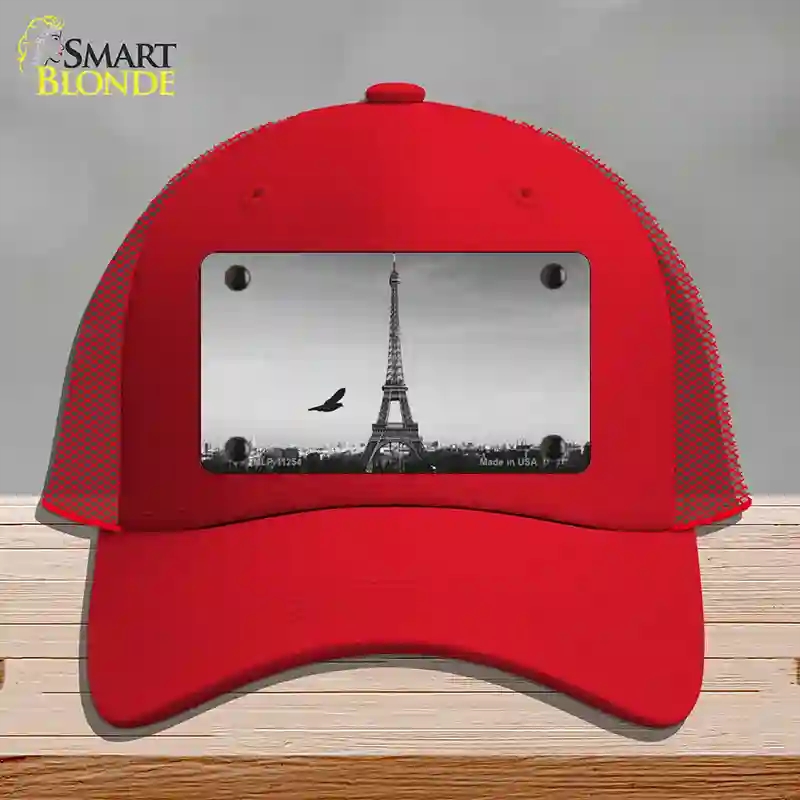 HAT17-MLP-11254 Eiffel Tower Black & White with Bird Novelty License Plate Hat, Mesh - Red