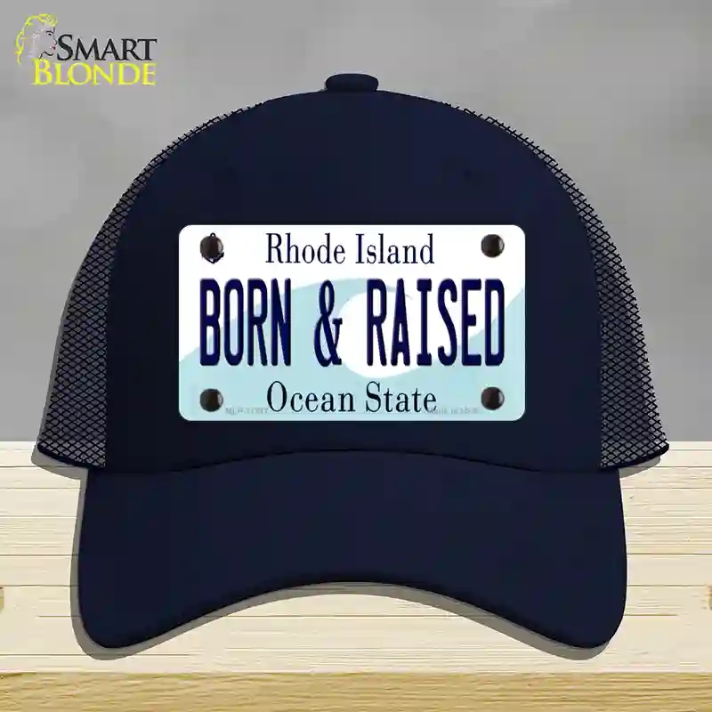 HAT16-MLP-11217 Born & Raised Rhode Island State Novelty License Plate Hat, Mesh - Navy