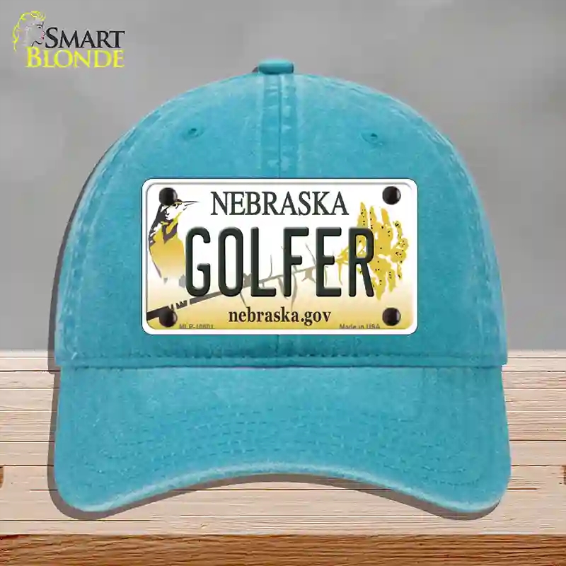 HAT10-MLP-10601 Golfer Nebraska Novelty License Plate Hat, Unconstructed Cotton - Lake Blue