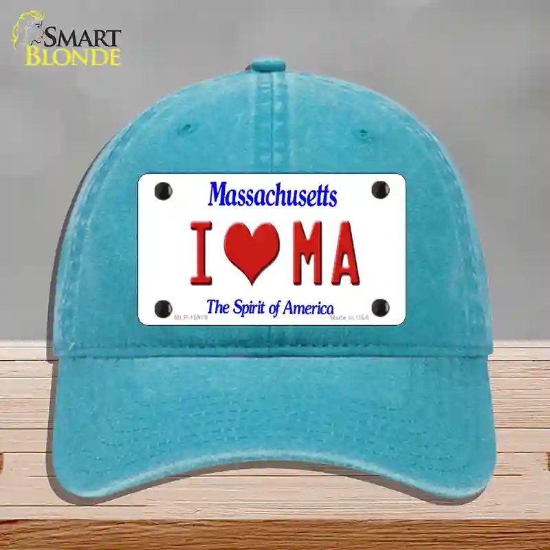 HAT10-MLP-10979 I Love Massachusetts Novelty License Plate Hat, Unconstructed Cotton - Lake Blue