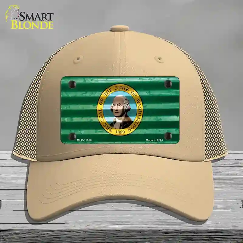 HAT15-MLP-11988 Washington Corrugated Flag Novelty License Plate Hat, Mesh - Khaki