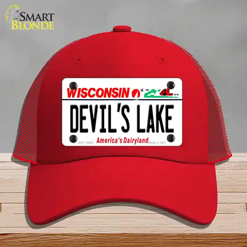 HAT17-MLP-10625 Devils Lake Wisconsin Novelty License Plate Hat, Mesh - Red