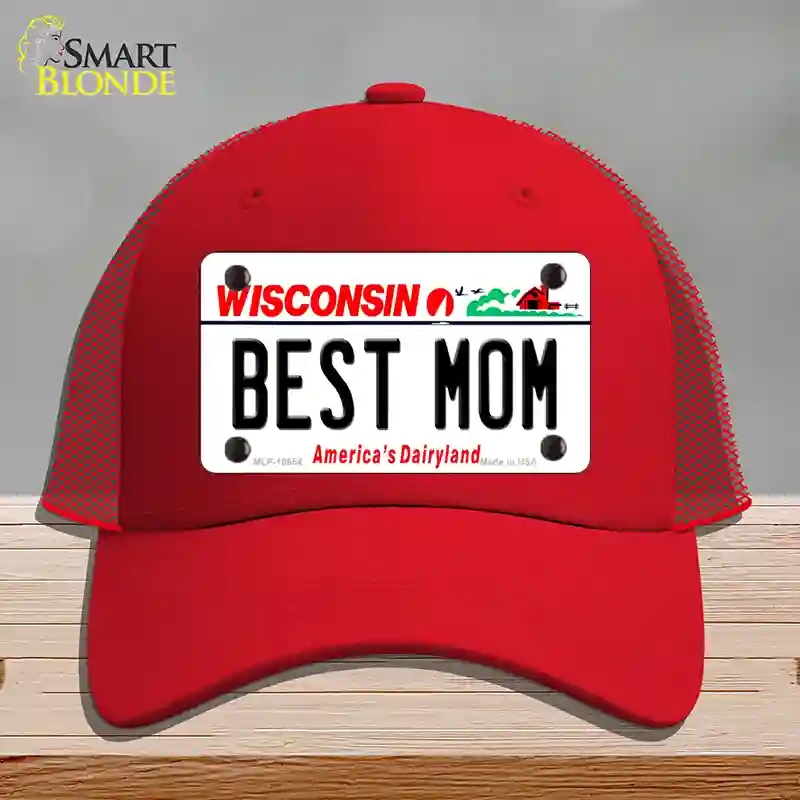 HAT17-MLP-10654 Best Mom Wisconsin Novelty License Plate Hat, Mesh - Red