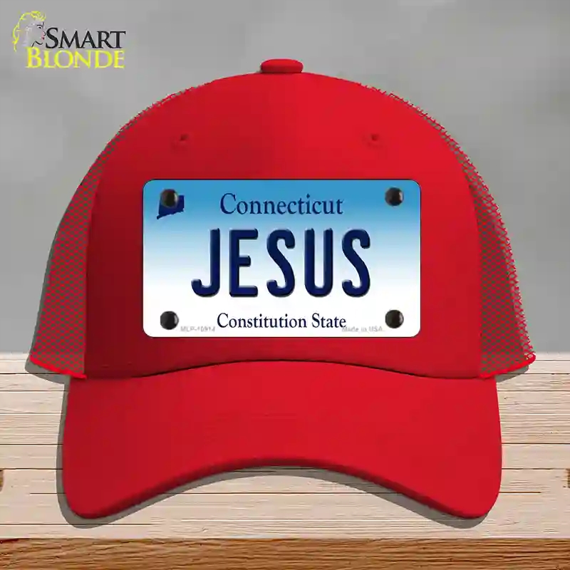 HAT17-MLP-10914 Jesus Connecticut Novelty License Plate Hat, Mesh - Red