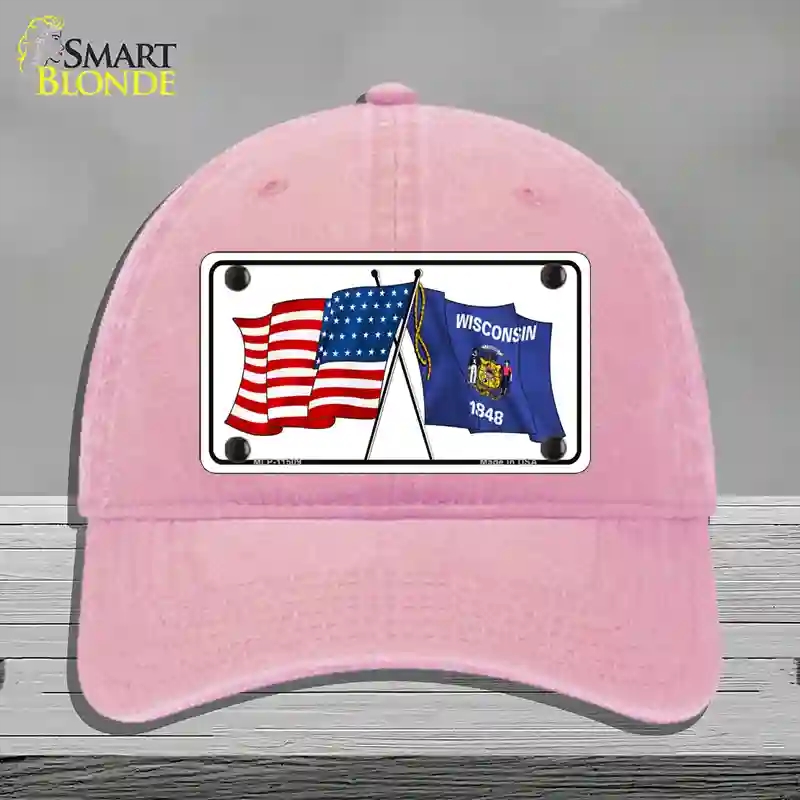 HAT12-MLP-11509 Wisconsin Crossed US Flag Novelty License Plate Hat, Unconstructed Cotton - Pink
