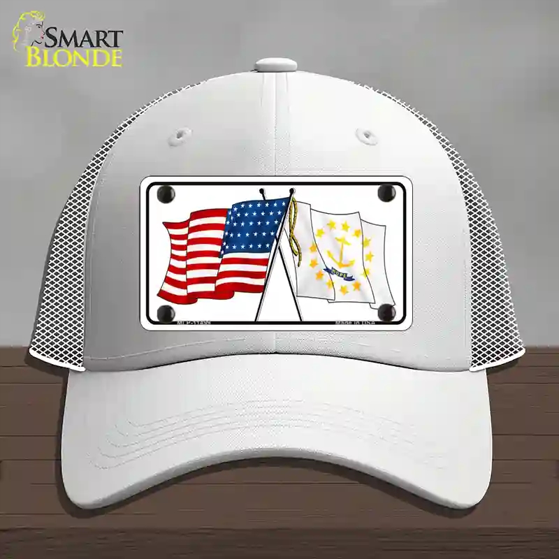 HAT19-MLP-11499 Rhode Island Crossed US Flag Novelty License Plate Hat, Mesh - White
