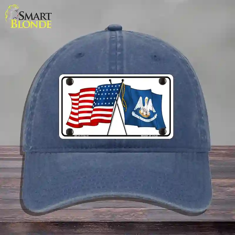 HAT11-MLP-11478 Louisiana Crossed US Flag Novelty License Plate Hat, Unconstructed Cotton - Navy