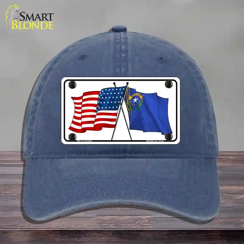 HAT11-MLP-11488 Nevada Crossed US Flag Novelty License Plate Hat, Unconstructed Cotton - Navy