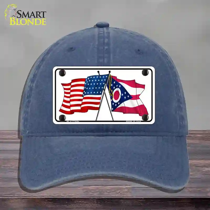 HAT11-MLP-11495 Ohio Crossed US Flag Novelty License Plate Hat, Unconstructed Cotton - Navy