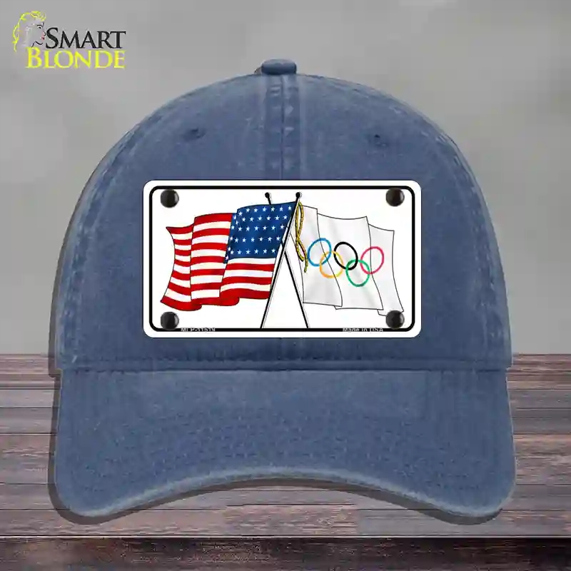 HAT11-MLP-11519 Olympic Crossed US Flag Novelty License Plate Hat, Unconstructed Cotton - Navy