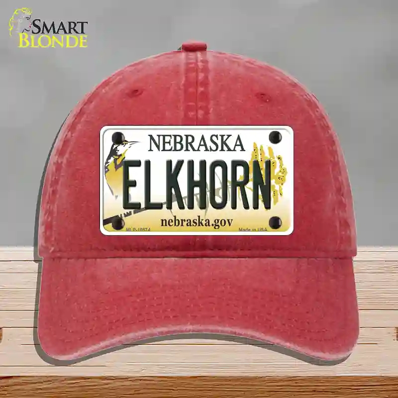 HAT13-MLP-10574 Elkhorn Nebraska Novelty License Plate Hat, Unconstructed Cotton - Red