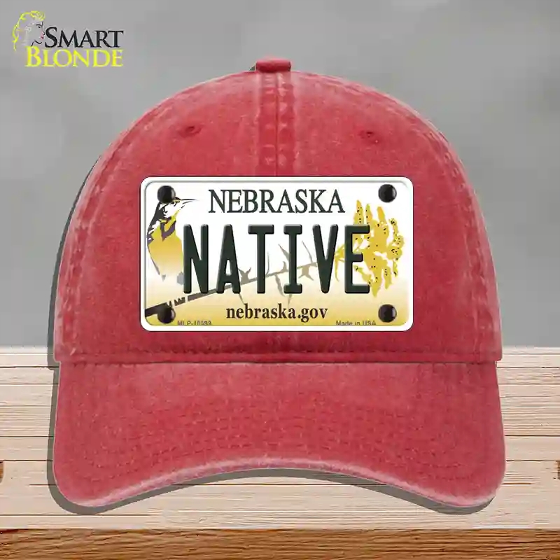 HAT13-MLP-10599 Native Nebraska Novelty License Plate Hat, Unconstructed Cotton - Red