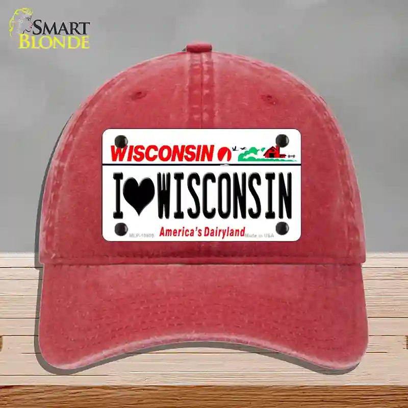 HAT13-MLP-10609 I Love Wisconsin Novelty License Plate Hat, Unconstructed Cotton - Red