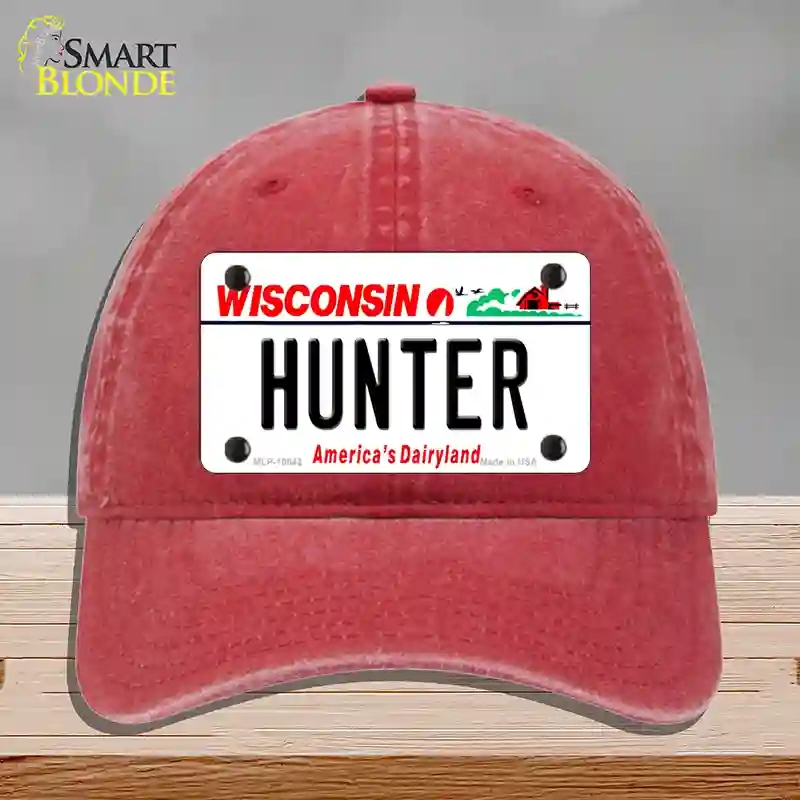 HAT13-MLP-10642 Hunter Wisconsin Novelty License Plate Hat, Unconstructed Cotton - Red