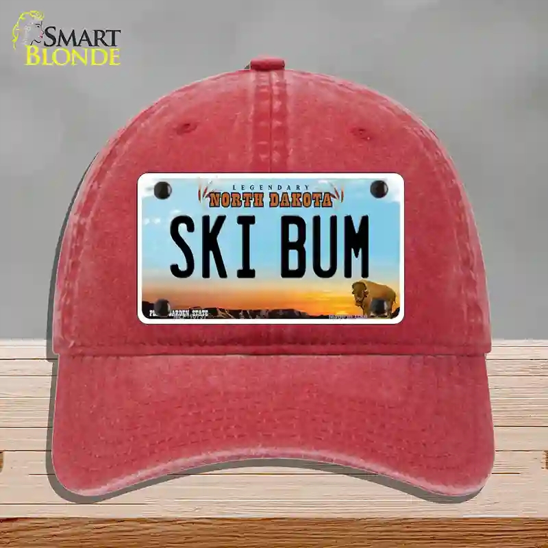 HAT13-MLP-10737 Ski Bum North Dakota Novelty License Plate Hat, Unconstructed Cotton - Red