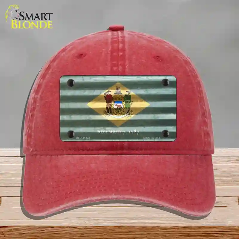 HAT13-MLP-11949 Delaware Corrugated Flag Novelty License Plate Hat, Unconstructed Cotton - Red