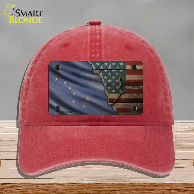 HAT13-MLP-12381 Alaska & American Flag Novelty License Plate Hat, Unconstructed Cotton - Red