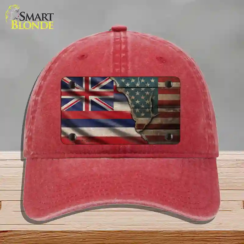 HAT13-MLP-12390 Hawaii & American Flag Novelty License Plate Hat, Unconstructed Cotton - Red