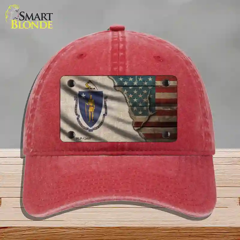 HAT13-MLP-12400 Massachusetts & American Flag Novelty License Plate Hat, Unconstructed Cotton - Red