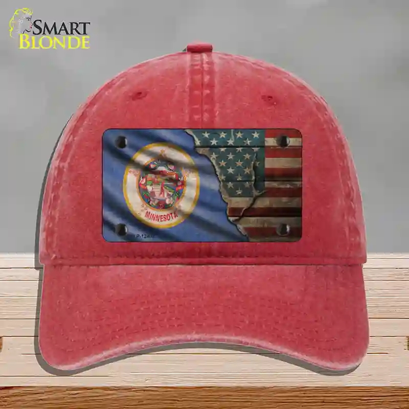 HAT13-MLP-12402 Minnesota & American Flag Novelty License Plate Hat, Unconstructed Cotton - Red