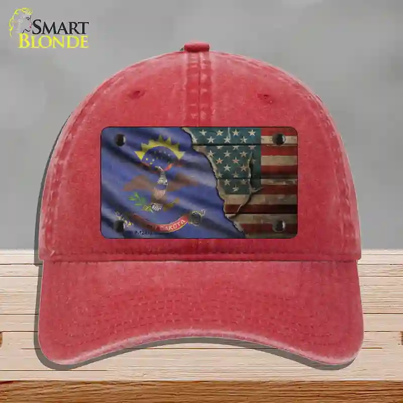 HAT13-MLP-12413 North Dakota & American Flag Novelty License Plate Hat, Unconstructed Cotton - Red