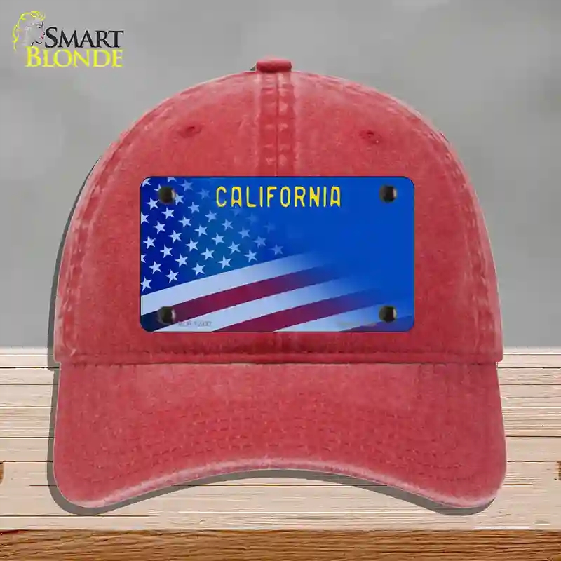HAT13-MLP-12437 California with Blue Novelty License Plate Hat, Unconstructed Cotton - Red