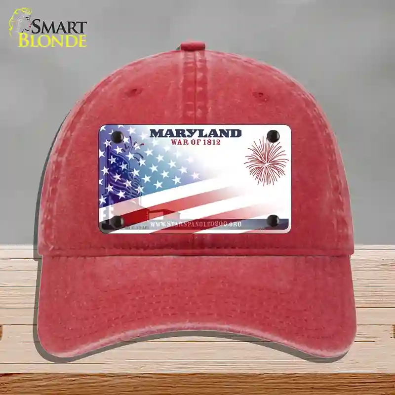 HAT13-MLP-12443 Maryland War American Flag Novelty License Plate Hat, Unconstructed Cotton - Red