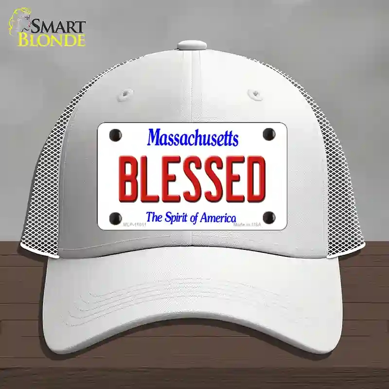 HAT19-MLP-11011 Blessed Massachusetts Novelty License Plate Hat, Mesh - White