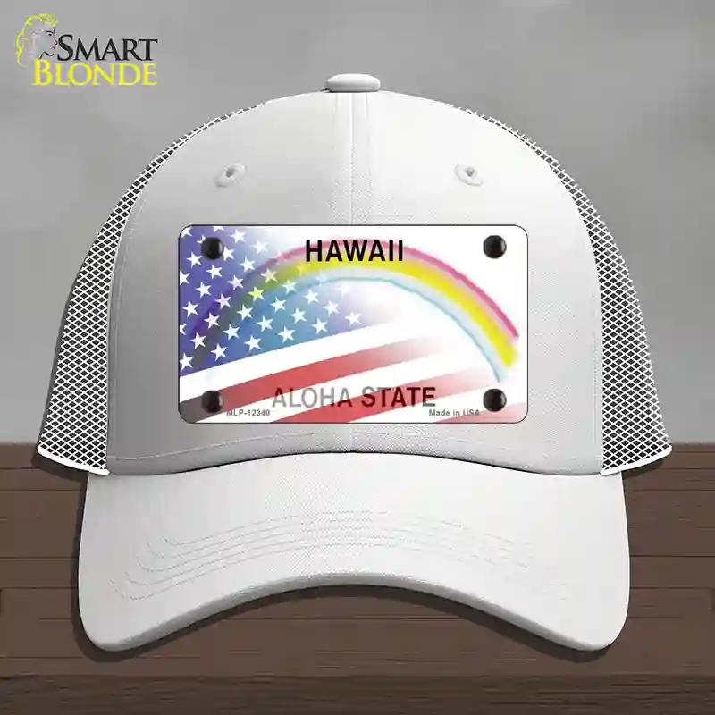 HAT19-MLP-12340 Hawaii with American Flag Novelty License Plate Hat, Mesh - White