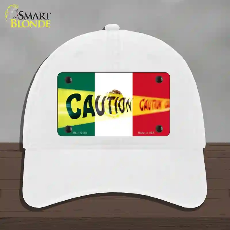 HAT14-MLP-12188 Caution Mexico Flag Novelty License Plate Hat, Unconstructed Cotton - White