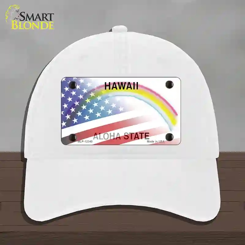 HAT14-MLP-12340 Hawaii with American Flag Novelty License Plate Hat, Unconstructed Cotton - White
