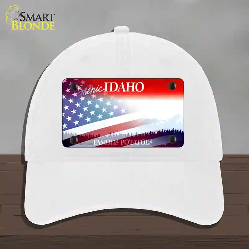 HAT14-MLP-12341 Idaho with American Flag Novelty License Plate Hat, Unconstructed Cotton - White
