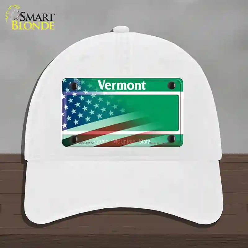 HAT14-MLP-12374 Vermont with American Flag Novelty License Plate Hat, Unconstructed Cotton - White