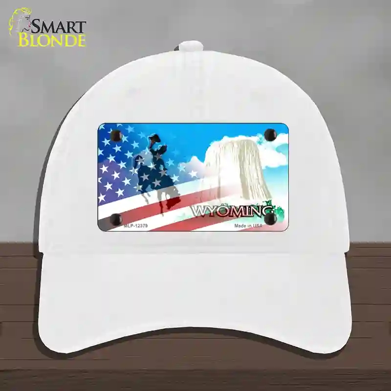 HAT14-MLP-12379 Wyoming with American Flag Novelty License Plate Hat, Unconstructed Cotton - White