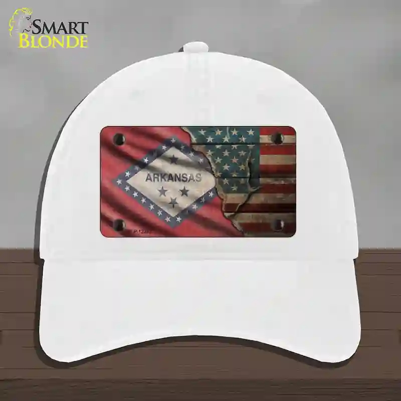 HAT14-MLP-12383 Arkansas & American Flag Novelty License Plate Hat, Unconstructed Cotton - White